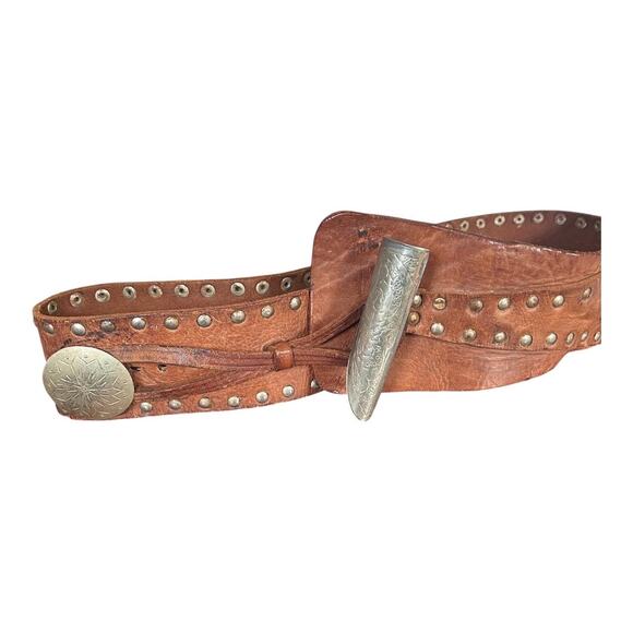Vintage Studded Leather Wrap Belt Engraved Metal Slide Artisan Boho Adjustable main image 6